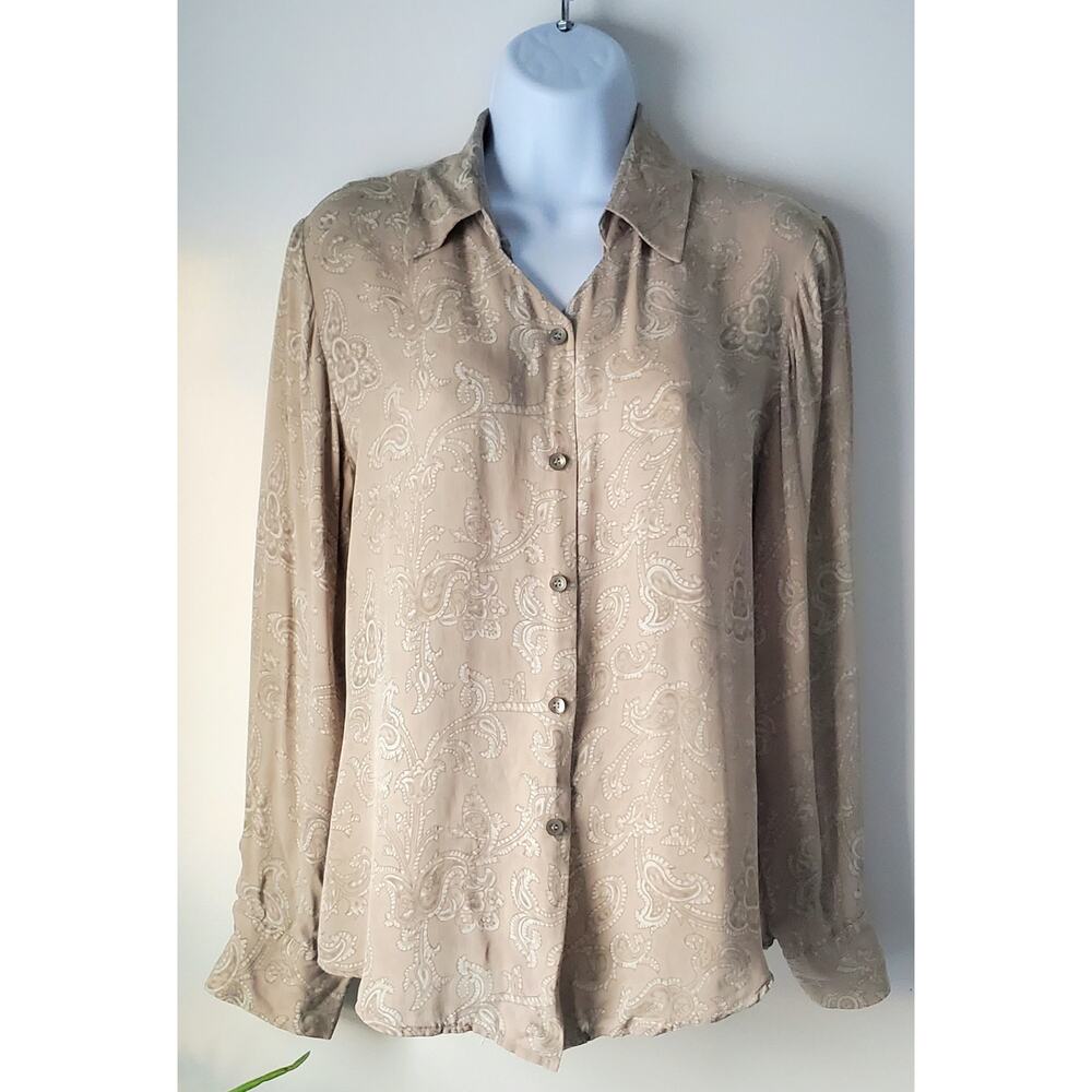 😺 Alfani Womens Tan Paisley Blouse Size MediumFeminine Boho Professional Preppy